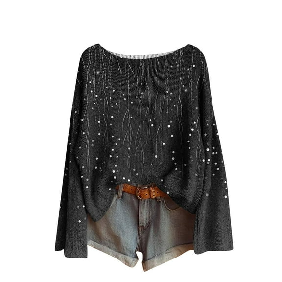 XPMWRP Women's Printed Trendy Winter Warm Sweater Long Sleeved Loose Crew Neck Casual Sweater Pullover Tops Blouse Black XXL