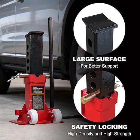 JACK BOSS Heavy Duty 12 Ton (24,000 lbs) Jack Stands with 2 Casters and Handle, Easily Moveable Car Lift Stands for Truck and Pick Up, Red
