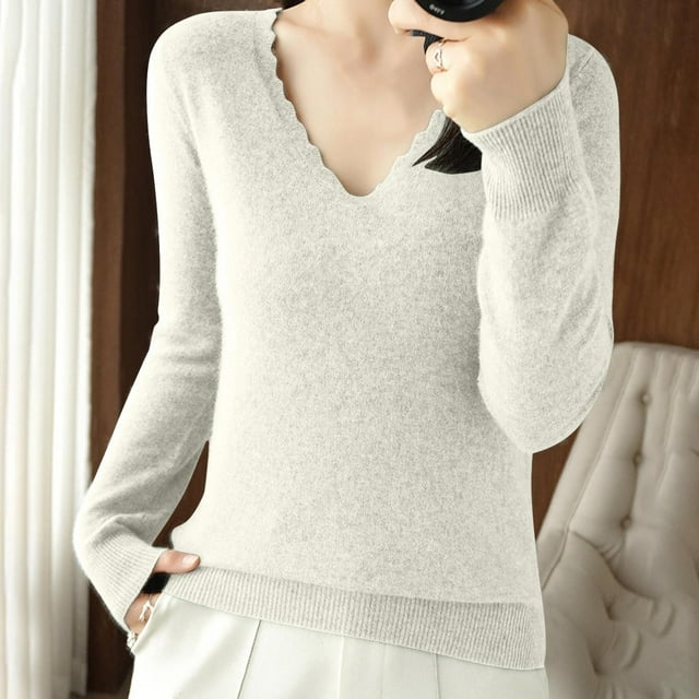 EGNMCR Chandail à Col Rond Mode Femme Décontracté Col Semi-Montant Couleur Unie Ample Base Tricoté Chandail Femme Blouse Polyester