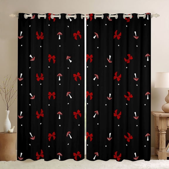 Homewish Cartoon Plant Mushrooms Kitchen Curtains,Cute Bowtie Black Out Curtains Pack of 2 (42x63 Each),Red Black