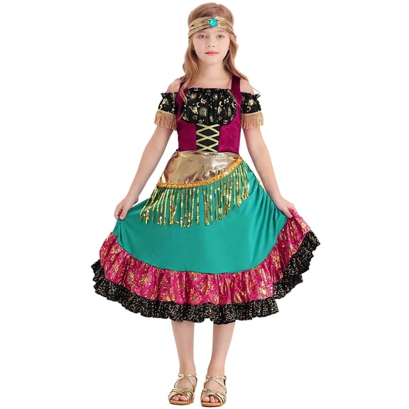 Toddler Girls Casual Dresses Oktoberfest Spring Summer Floral Clolor Block Print Off Shoulder Short Sleeve Bohemia Princess With Headbands Outfits Clothes Daily-Wear