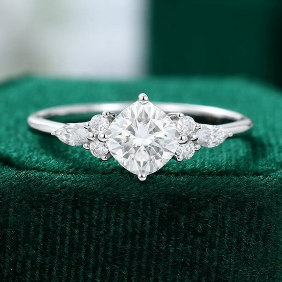 Silvago Jewel Silver 14K White Gold Plated Rings for Her - Cushion Cut Excellent 1.9 Ct Diamond Ring For Women's - Solitaire with Accent Diamond Rings for Women's - Multi-Stone Diamond Rings for Her