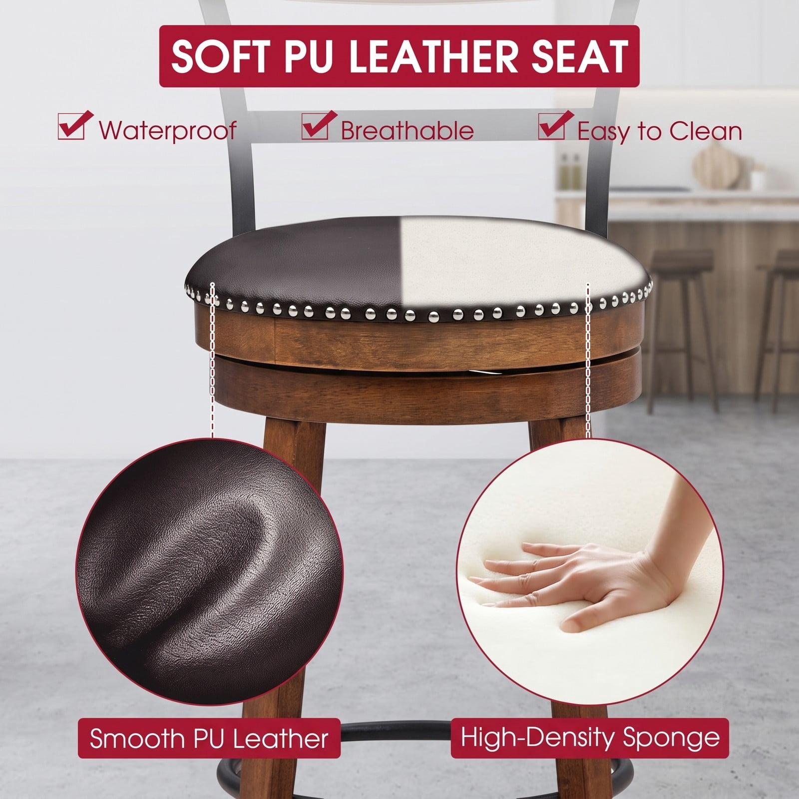 Furnibear Set of 2 30.5 Inch Swivel Pub Height Bar Stools, Rubber Wood Counter Bar Chairs with PVC Leather Padded Seat, Ergonomic Backrest and Anti-Slip Foot, Brown