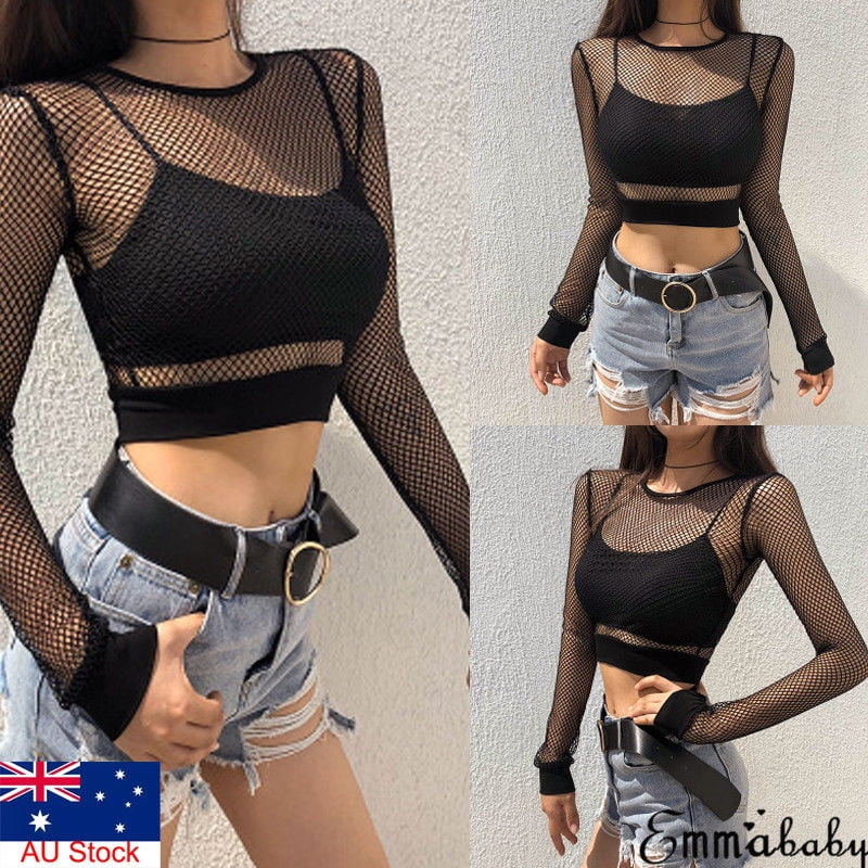 Stylish Long Sleeve Crop Tops For Women, Ladies Sexy Mesh Clothes 