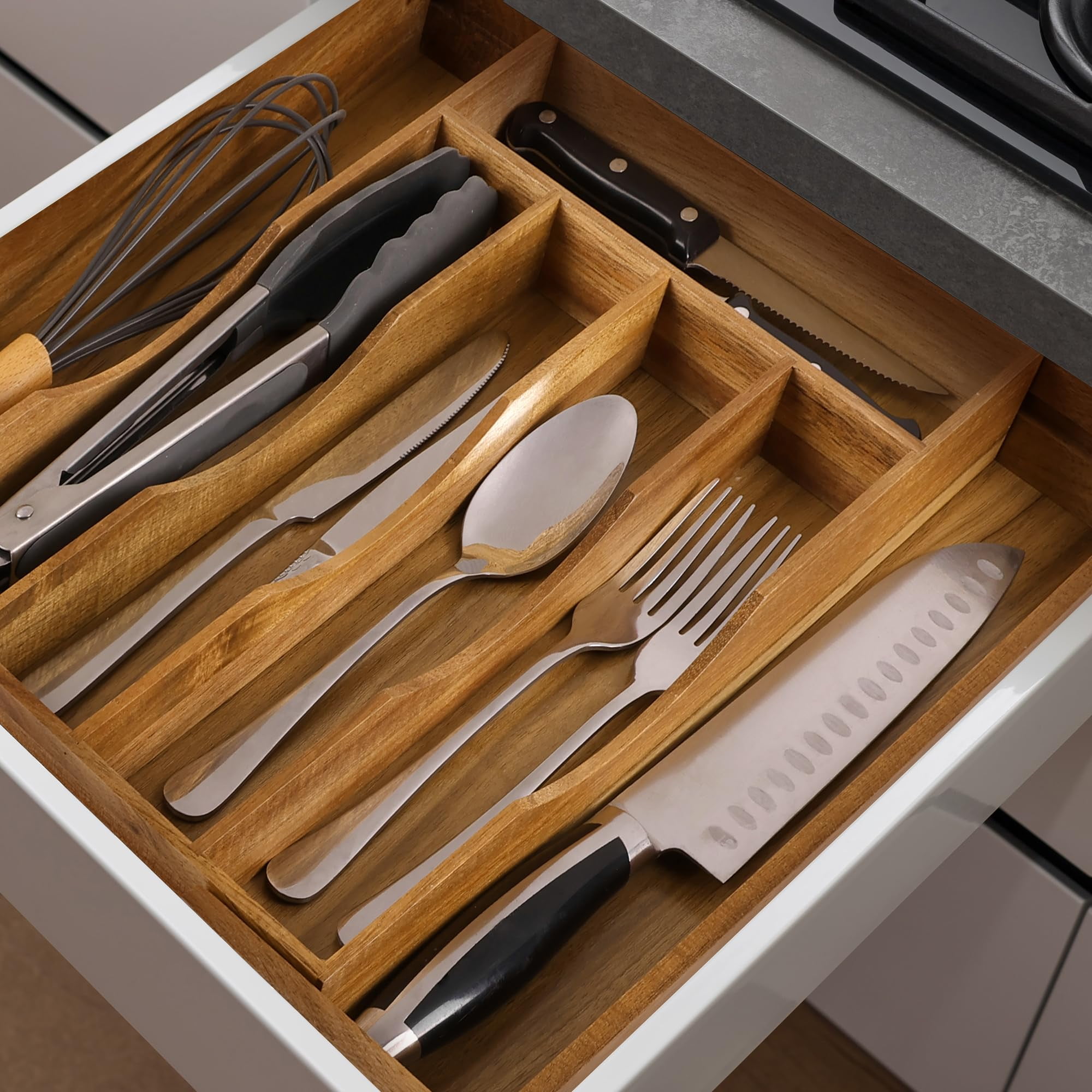 Expandable Kitchen Drawer Organizer For Cutlery And Utensils  Adjustable Wood Tray In Flatware Silverware