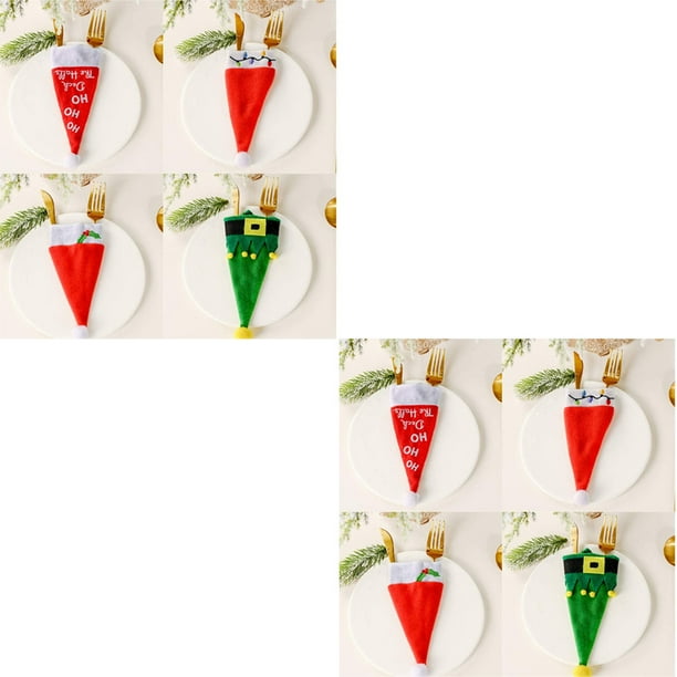 Juego de vajilla navideña de 8 piezas: gorro navideño rojo, cubiertos navideños, portavajillas, tenedor, cuchara, bolsita, portavajillas, vajilla navideña, decoración para botellas de vino.