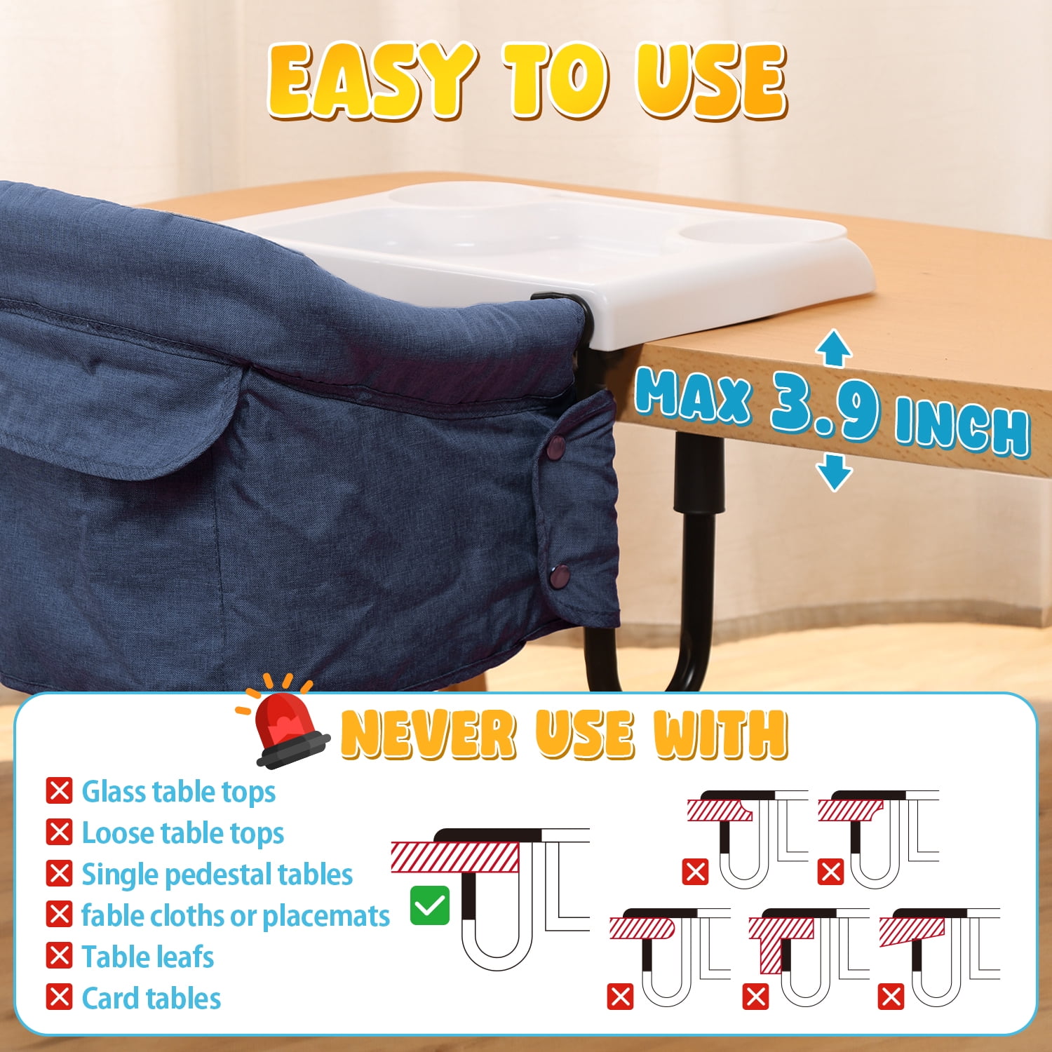 WonderStone Hook On Chair, Portable High Chair with Tray, Storage Bag & Free Accessories, Clip-On Table Chair for Baby and Toddler, Ideal for Home and Travel, Blue