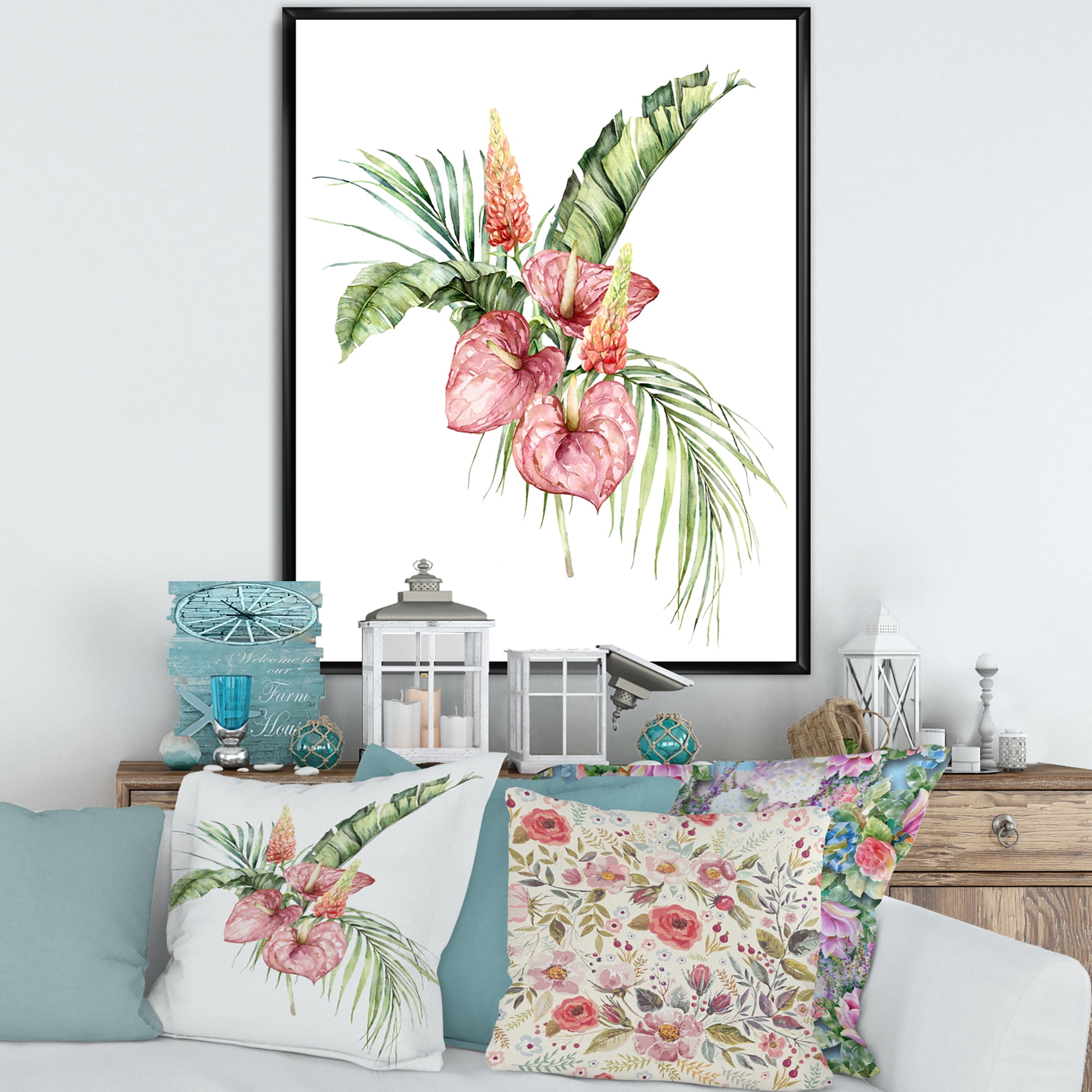 Tropical Bouquet With Anthurium Lupine and Leaves On White II 12 in x 20 in Framed Painting Canvas Art Print, by Designart
