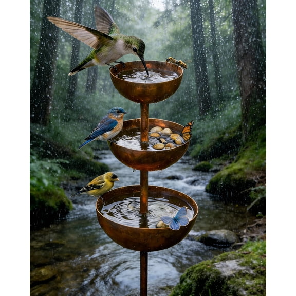 Rain Catcher - Plant Support Metal Garden Ornament, 2026 New Rain Catcher Garden Stake with 3-Tiered Water Bowls, Bird Bath & Butterfly Feeder, Outdoor Yard Art Decor
