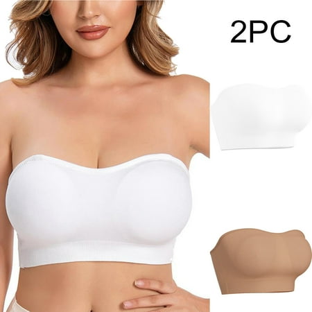 Crunowin Women s Tube Top Bra 2 Pack  Solid Color No Underwire Traceless Breathable Comfort Strapless Underwear White S
