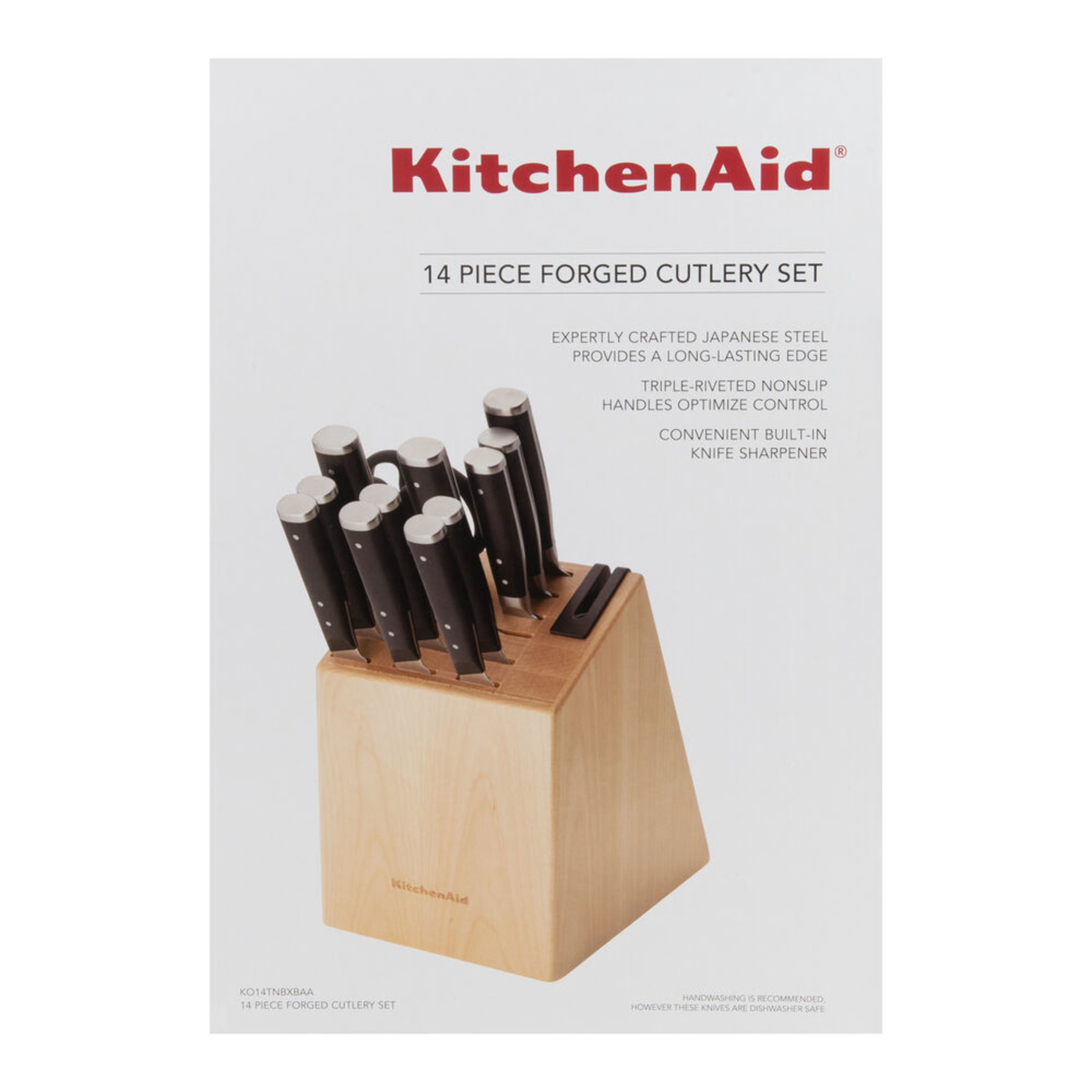 KitchenAid KKFSS14BO 14 Piece Classic Forged Series Brushed Stainless Steel  Cutlery Set, Bamboo Wood