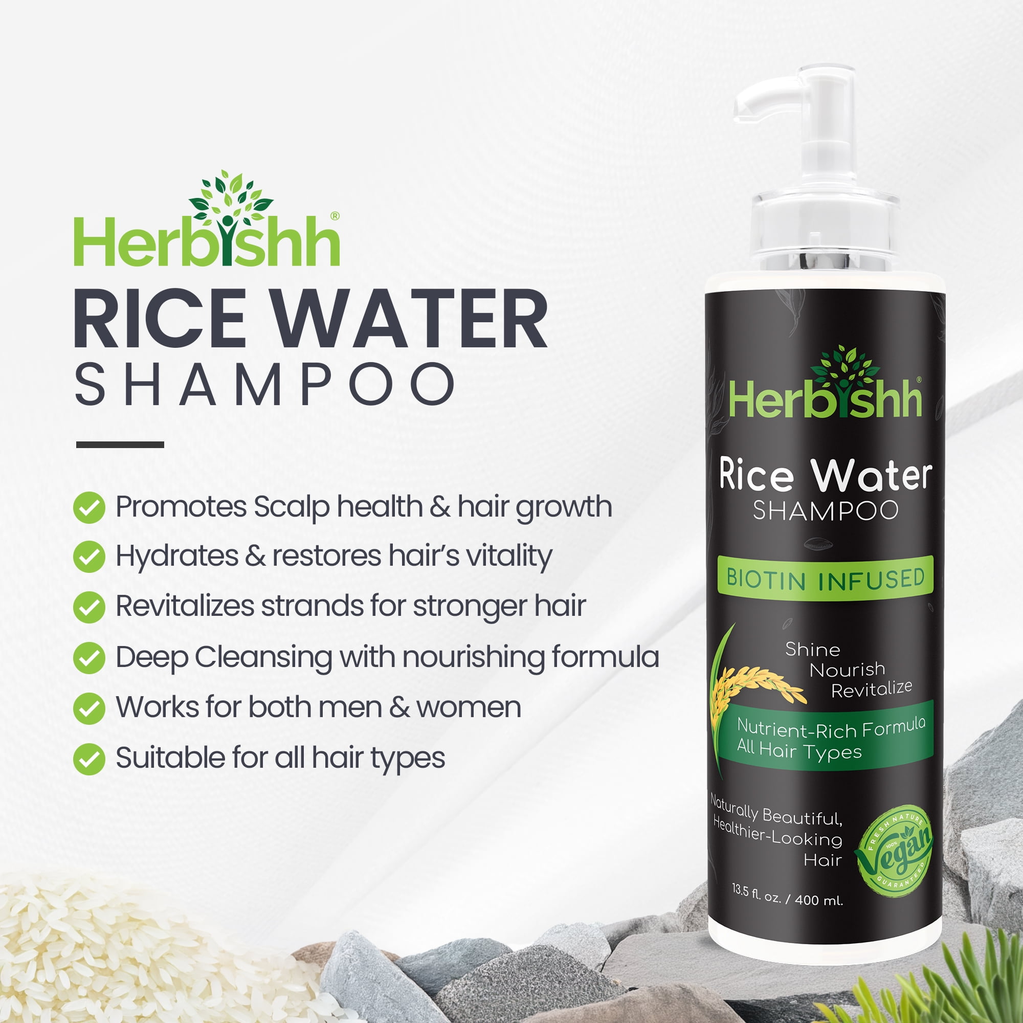 (2 pack) Herbishh Rice Water Hair Growth Shampoo - 400ml with Power of Castor Oil, Argan & Coconut Oil & Biotin | All Hair Type | Hair regrowth for Thinning Hair, Moisturizing & Volumizing | Silicone Free