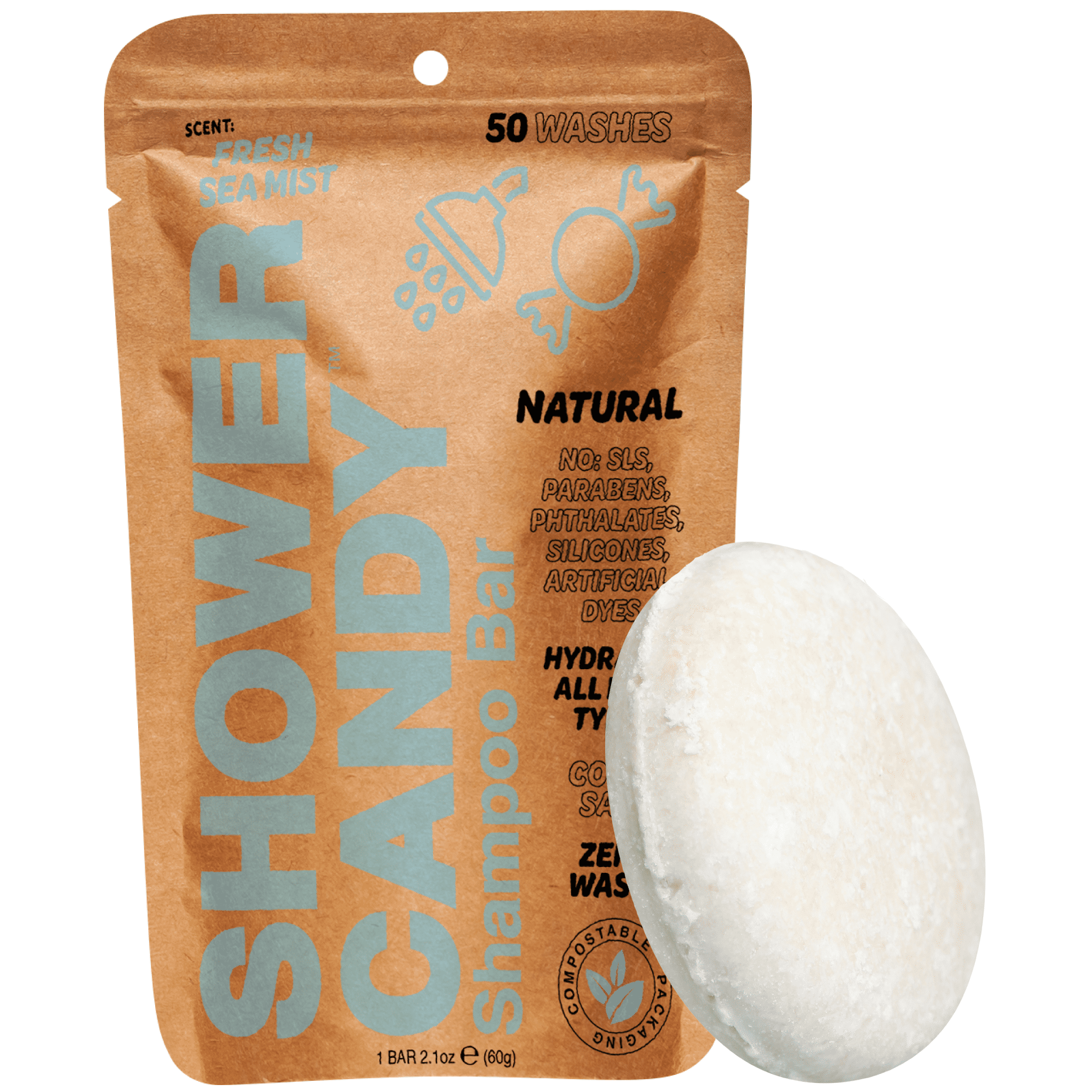 Shower Candy Fresh Sea Mist Shampoo Bar - Extra Lather - Natural, Plant-Based Ingredients - Plastic-Free - Zero Waste Shampoo Soap Bar - Phthalate and Paraben-Free, Travel Friendly Bar Shampoo