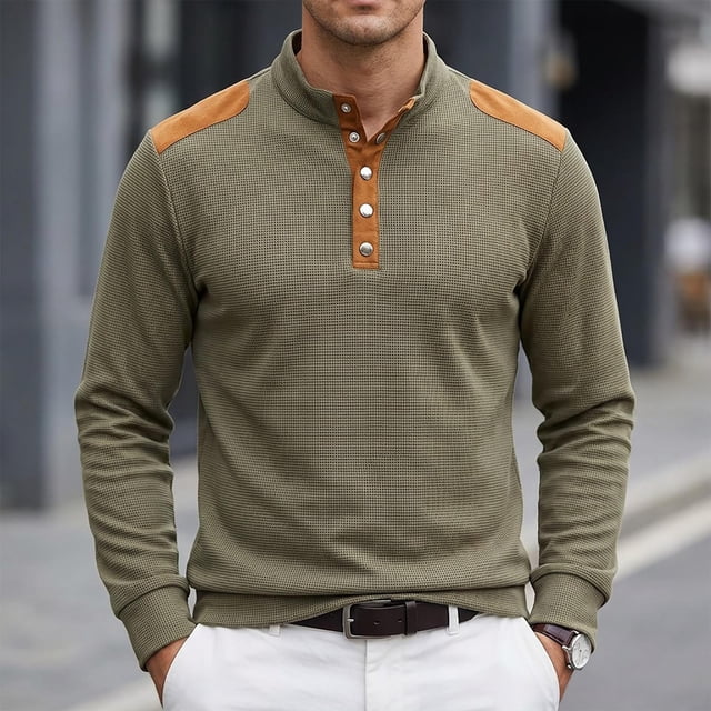 Ceisia Men's Loose Fit Long Sleeve Henley Shirts with Waffle Knit and Shoulder Color Block Patchwork, Stretch Blend Stand Collar Casual Tops Gifts