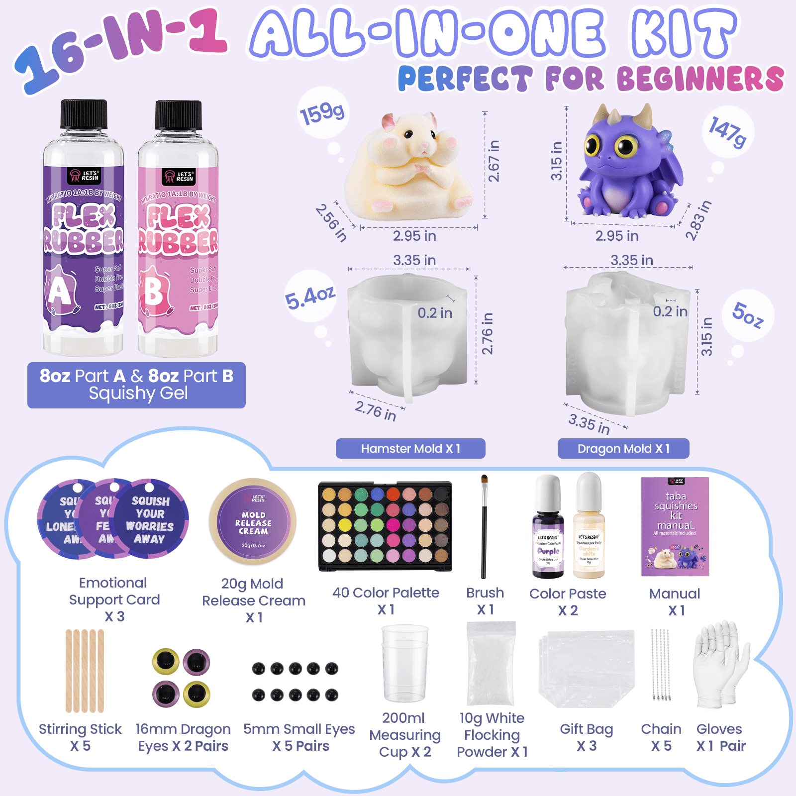 LET'S RESIN All-In-One Diy Squishy Toy Making Kit with Dragon & Hamster Molds , Gift for Kids, Holiday Gift, Relieve Stress