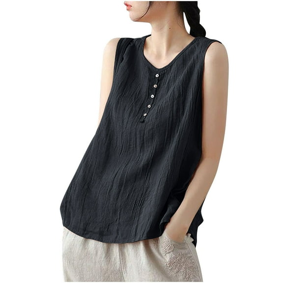 JGGSPWM Women's Round Neck Button Sleeveless Loose Casual Cotton Linen Vest T Shirts Summer Flowy Blouse Tank Top Tees Black 3XL