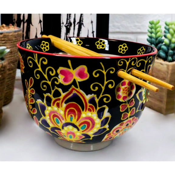 Colorful Floral Summer Blossoms On Black Ramen Soup Bowl With Chopsticks Set