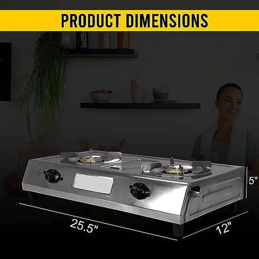 Sonret gas stove portable 2 burner, double gas stove stainless steel camping stove -propane portable cooktop indian style gas stove For Cooking Outdoor on 2 burner gas stove - With Hose & Regulator