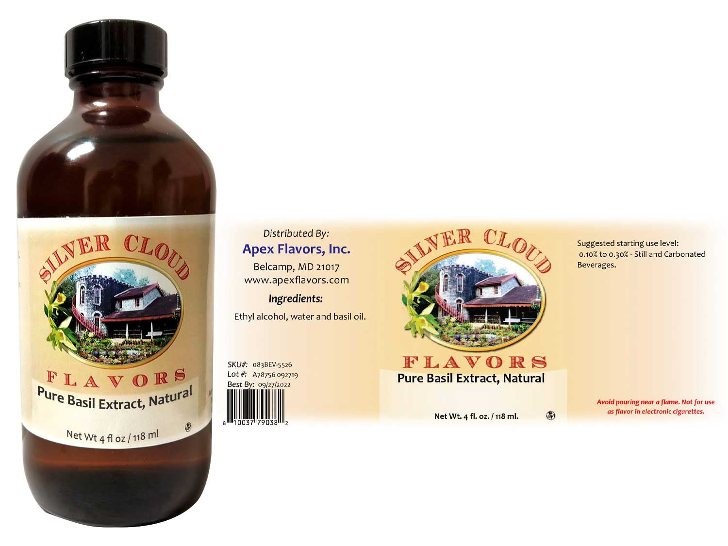 Pure Basil Extract, Natural 4 fl. oz. glass bottle