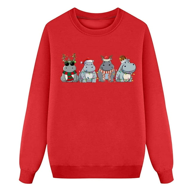 Aocisk Chandail Ras du Cou Hippopotame des Fêtes pour Filles T-Shirt Festif de Noël Chandail Confortable pour Enfants Haut Rouge 11-12 Ans