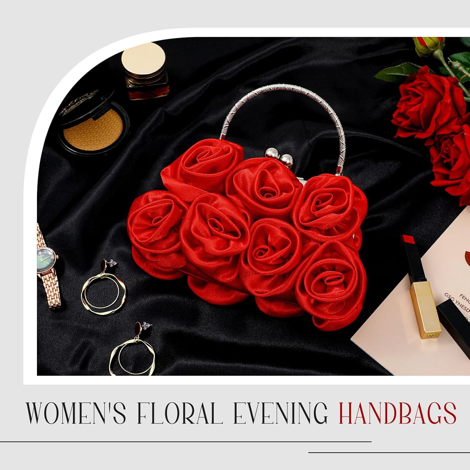 Women Evening Clutch Bag Rose Flower Floral Satin Small Purses with Detachable Strap for Wedding, Party, Prom
