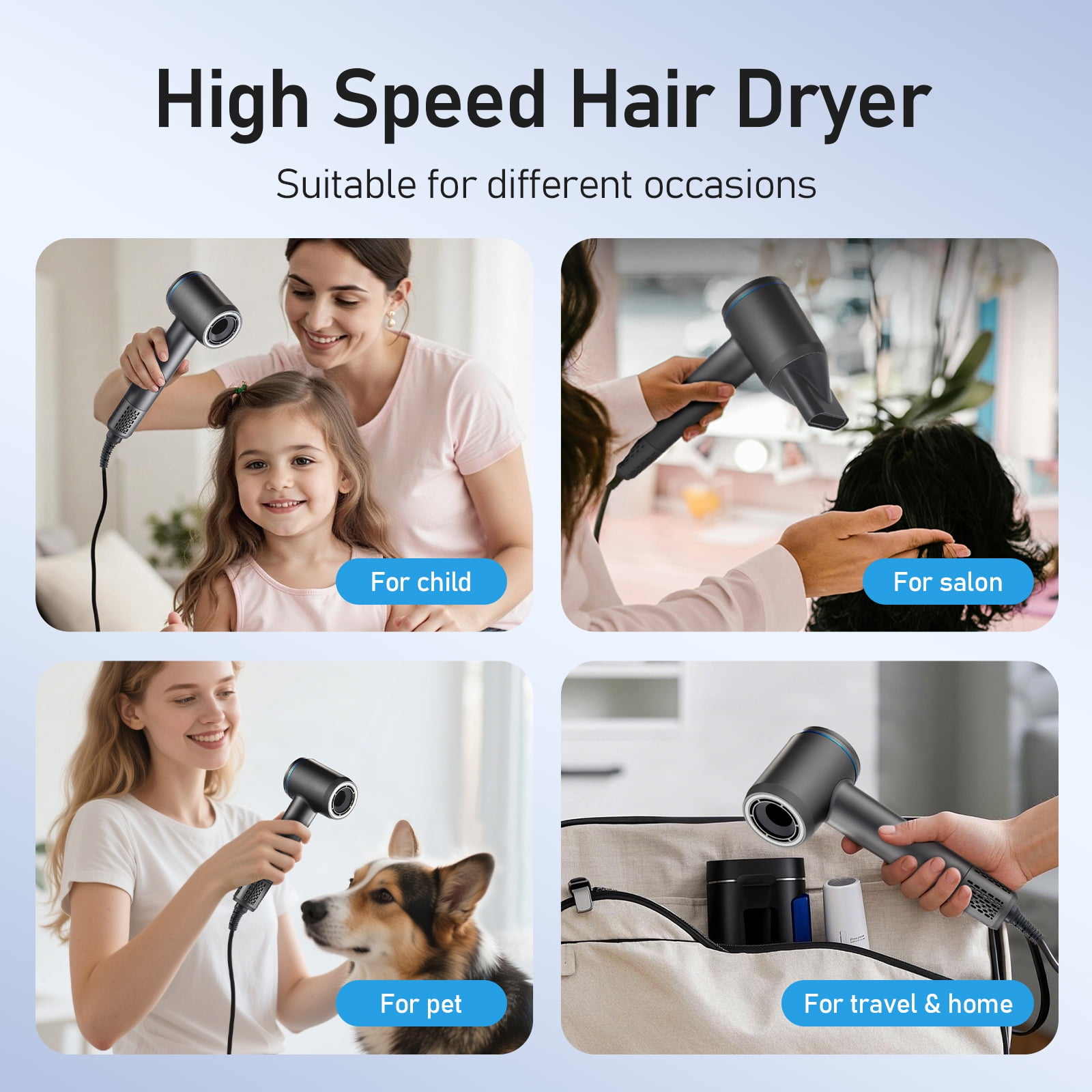 Plasma Hair Dryer, Professional High-Speed Ionic Blow Dryer, 600 Million Negative Ions Hair Care, Fast Drying, Low Noise and Quiet, Travel Hair Dryer with Diffuser for Curly Hair Women, Men and Home