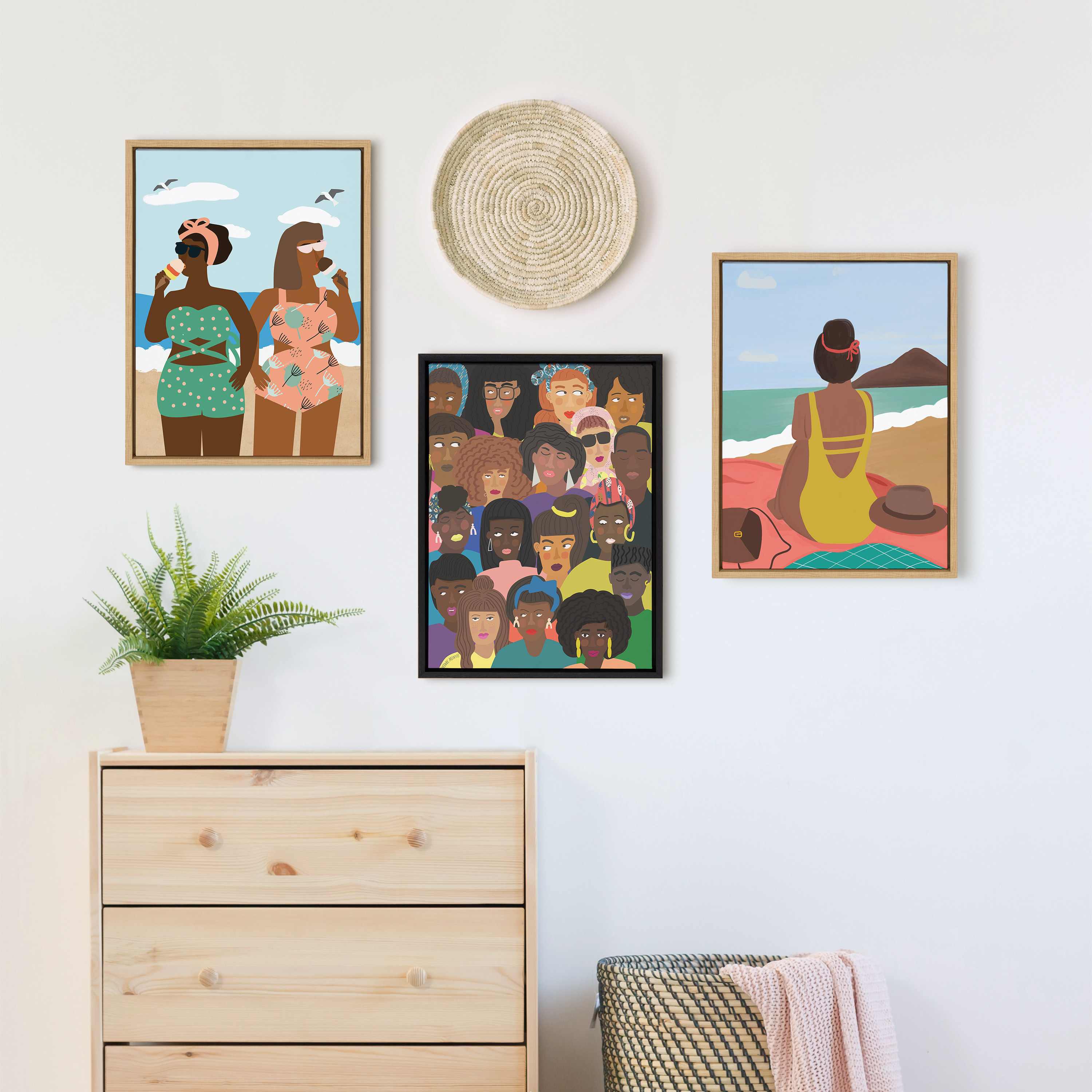 Kate and Laurel Sylvie Beach Solo Framed Canvas Wall Art by Queenbe Monyei, 18x24 Natural, Feminine Beach Wall Decor For Your Living Room, Bedroom, Or Bathroom