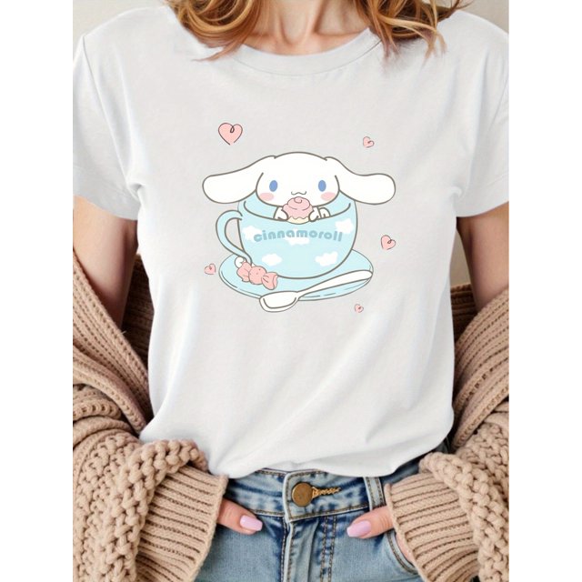 T-Shirt Graphique Mignon de Cinnamoroll pour Femmes - T-Shirt Court d'Été Décontracté Rouge à Col Rond avec Design de Lapin Ludique, Lavable en Machine