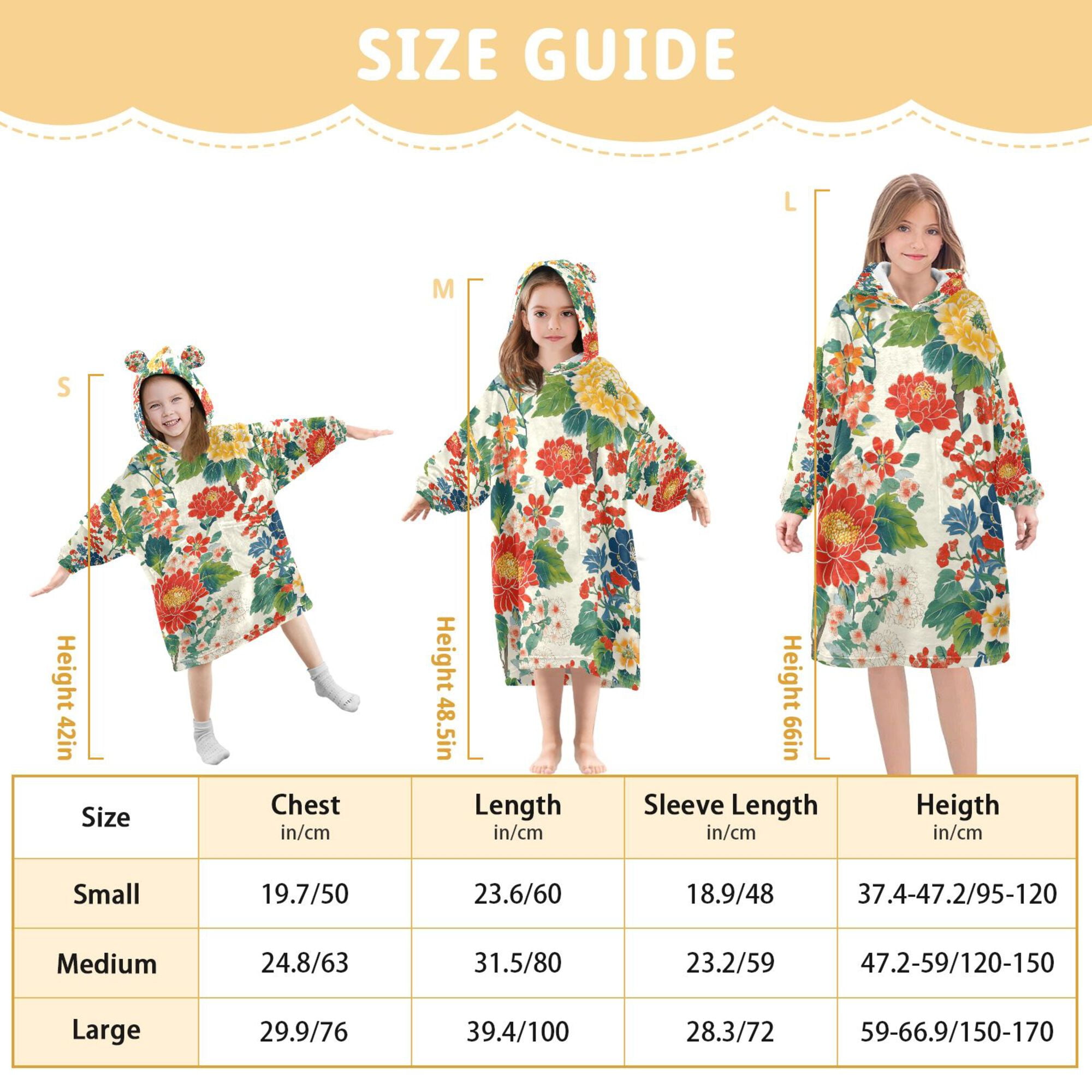 FORMRS Wearable Blanket Hoodie with Sleeves for Kids Cozy Flannel Sweatshirt, Colorful Flowers Pattern
