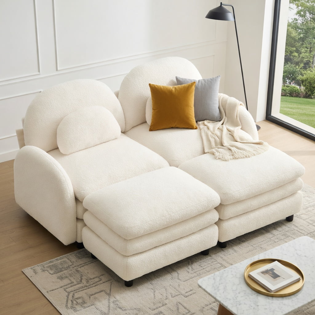 Hommoo Teddy Fleece 2-Seat Modular Sofa with Curved Backrest, Cloud-Like Double-Layer Cushions & 2 Movable Ottomans, Living Room Sectional Couch, Beige
