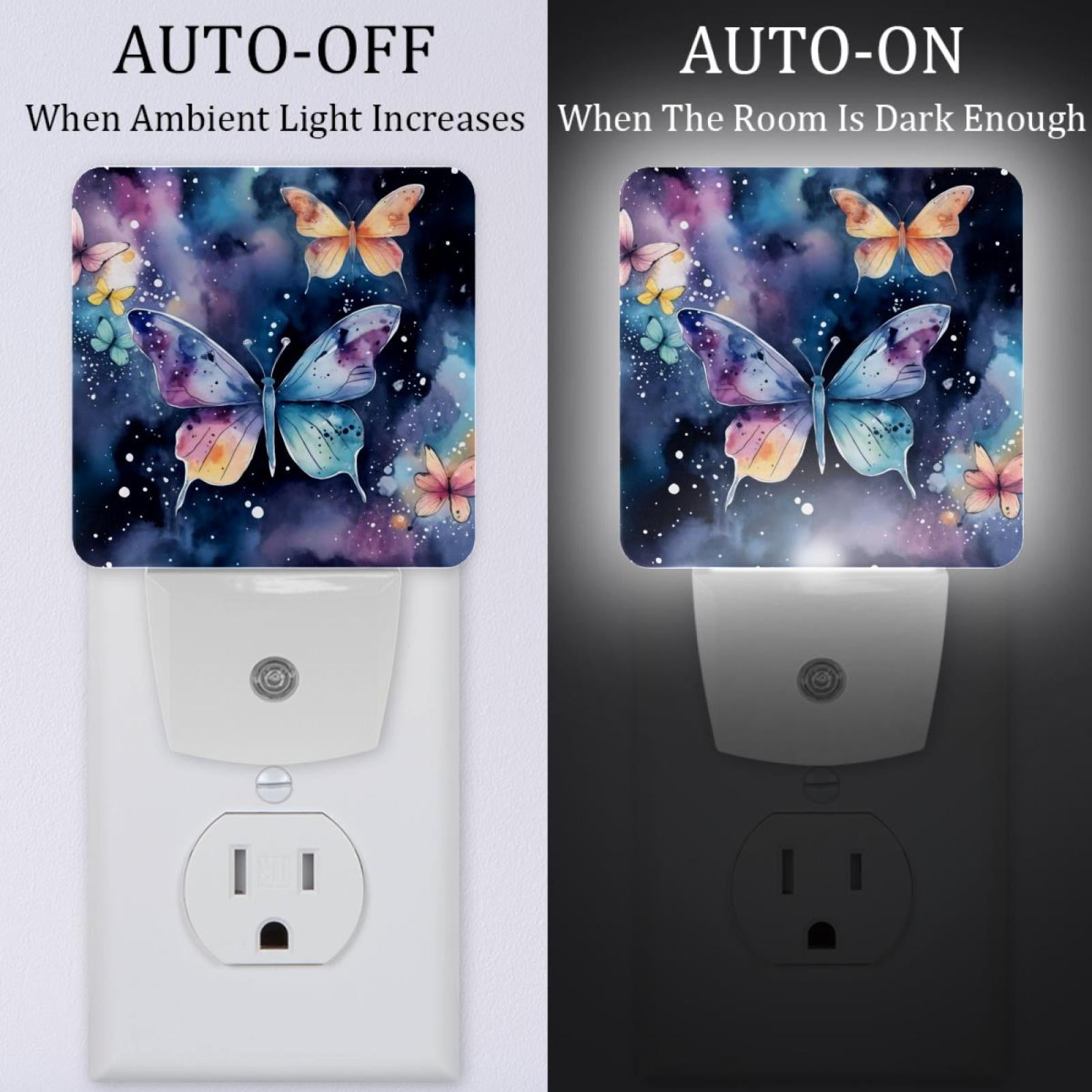 PhooArto Galaxy Butterflies Watercolor Pattern Plug in LED Night Light Auto Sensor Dusk to Dawn Decorative Night for Bedroom, Bathroom, Kitchen, Hallway, Stairs, Baby's Room, Energy Saving