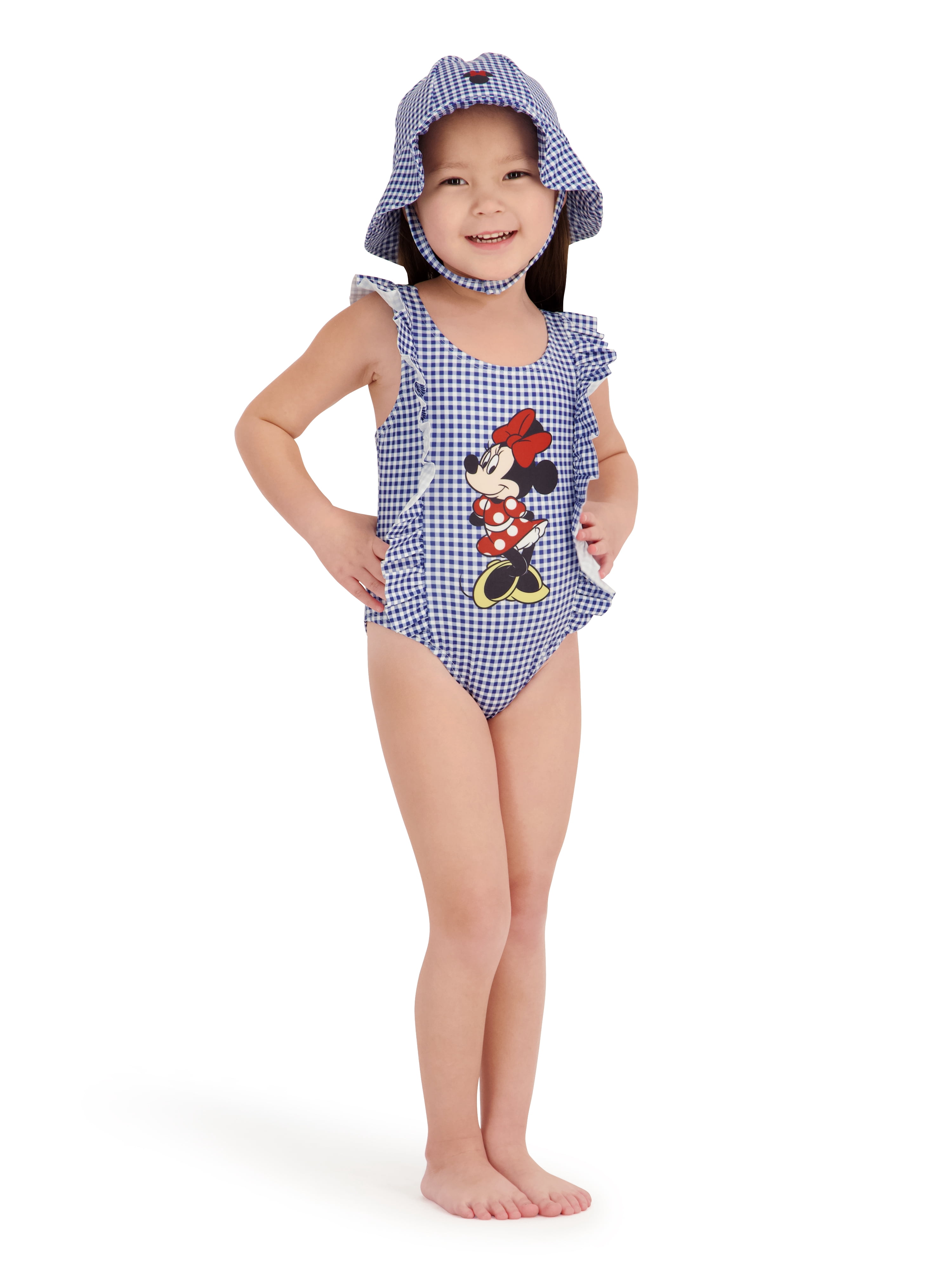 Character Toddler Girl One-Piece Swimsuit with Hat, Sizes 12M- 5T