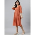 thumbnail image 5 of Janasya Boho V-Neck 3/4 Sleeve Solid Coral Orange Cotton Flared Midi Dress For Women, 5 of 7