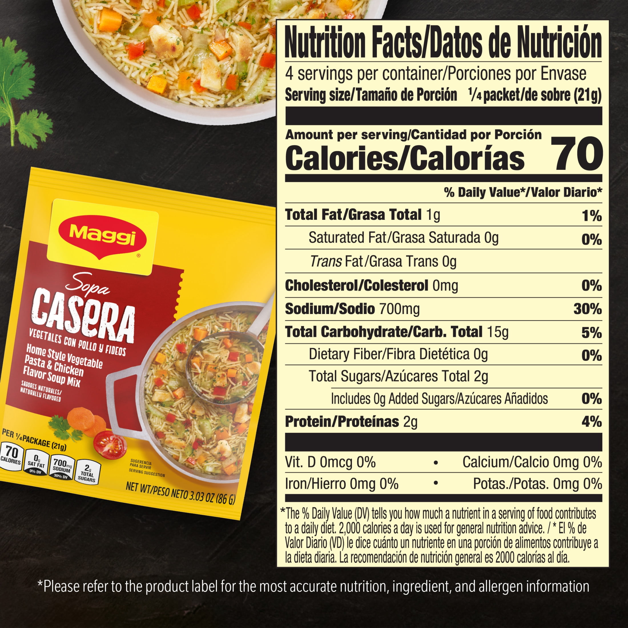 (5 pack) Maggi Sopa Casera Vegetables con Pollo y Fideos Home Style Vegetable Pasta and Chicken Flavor Soup Mix, Instant Soup Packets 3.034 oz