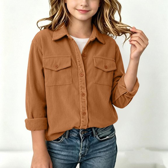 Girls Corduroy Shirts Button Down Soft Casual Long Sleeve Kids Fall Shirts Khaki 6-14 Years