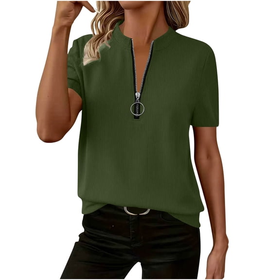 Summer Zipper T Shirts for Women Collared Neck Short Sleeve Tunic Tops Vacation Ribbed Knit Tees Summer Office Tops