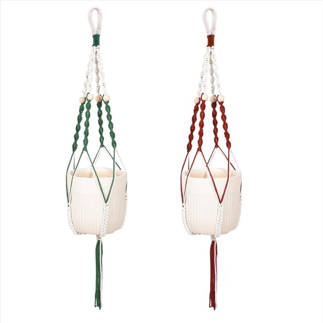 Colgador de Plantas con LED, Cesta para Macetas Colgante de Interior con Cuentas de Madera, Soporte para Macetas Hecho A Mano de 37 Pulgadas, 2 Piezas