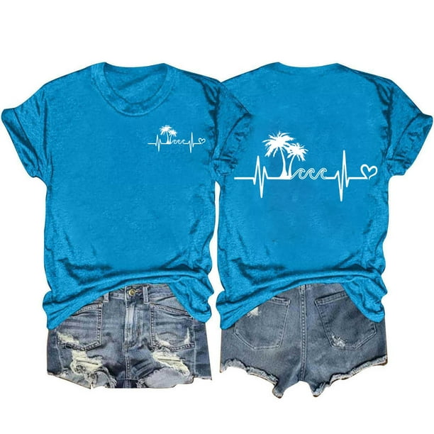 Tops Cortos para las Mujeres, Casual Impreso Delantero Corto Espalda Larga Manga Corta Raglan Cuello Redondo Blusa Hecha de Poliéster, Tops Largos para las Mujeres