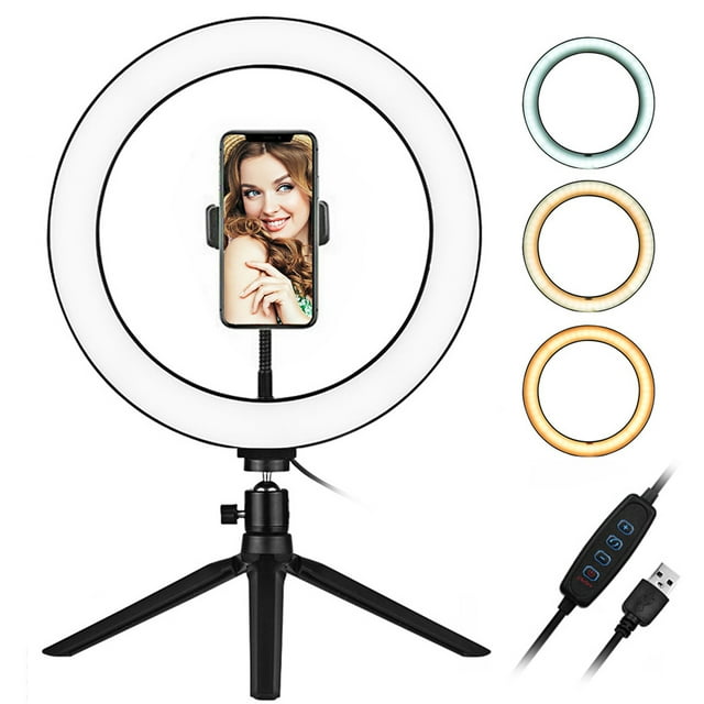 10 Inch LED Ring Light with Tripod Stand Phone Holder 3200K-5500K Dimmable Table Camera Light Lamp 3 Light Modes & 10 Brightness Level for YouTube Video Photo Studio Live Stream Makeup Phot