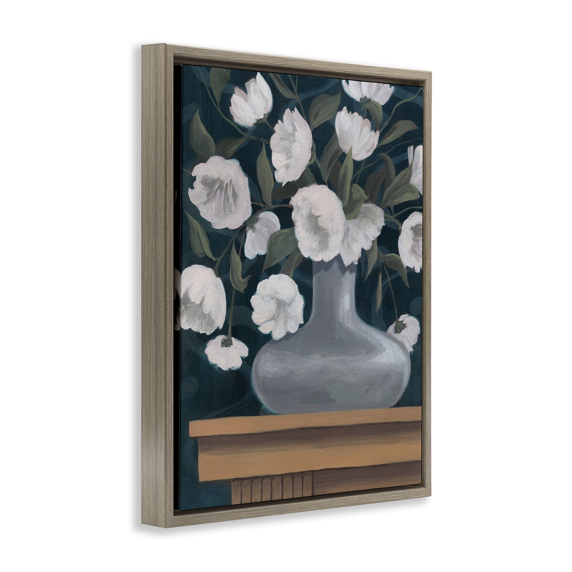 Stupell Industries White Flowers in Round Vase Plants & Flowers Painting Brown Floater Framed Canvas Art Print Wall Art, 17 x 21
