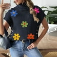 thumbnail image 4 of Sweater Vest for Women Trendy Flowers Ribbed Turtleneck Loose Knit Pullover Outerwear with Side Buttons (One Size, Navy), 4 of 6