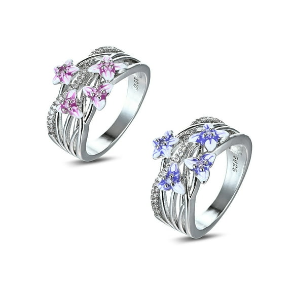 Delicate Silver Zircon Rings for Women Elegant Beautiful Violet Flowers Enamel Multi-layer Finger Ring