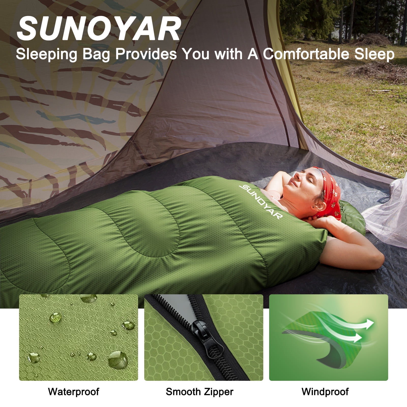 SUNOYAR Sleeping Bag, Waterproof Portable Sleeping Bags for Adults with Compression Sack for All Season Camping, Hiking, Tent, Travel, Green