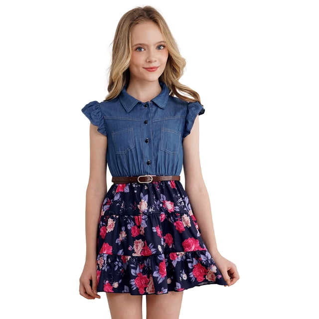 MSemis Robe d'Été Décontractée à Manches Courtes à Volants pour Filles, Haut en Denim, Robe en Jean, Robe Fleurie, Robe de Plage, Robe de Fête, Bleu Marine 6