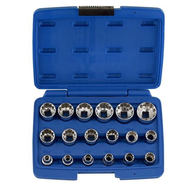 juego de enchufes neiko 02488a 3/8 drive universal spline 18 enchufes azul, estuche plástico abierto con 18 dados métricos estriados de acabado cromado organizados en tres filas y tamaños marcados en la base (4–14 mm); también suele usarse como set compacto de repuesto en maletines de taller.