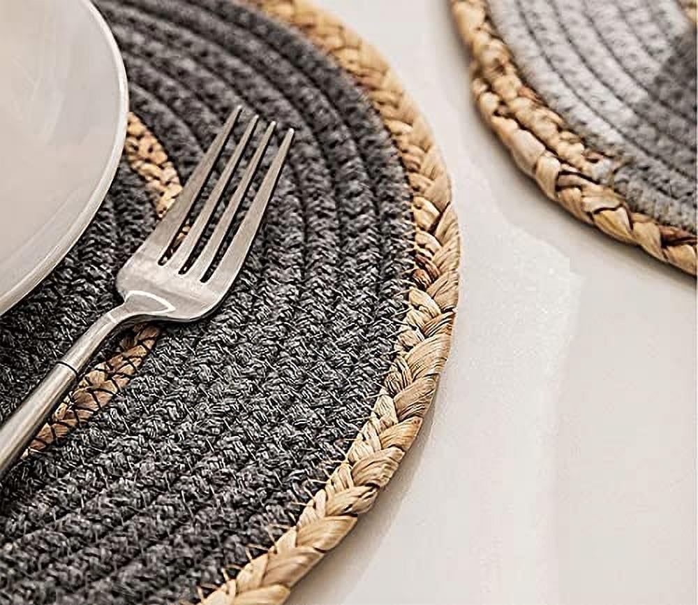 Fennco Styles Hand-Woven Rattan Cotton Rope Placemats 12-Inch Round, Set of 4 - Slate Braided Table Mats Heat Resistant Insulation for Home, Boho Décor, Dining Table, Banquets, Special Events