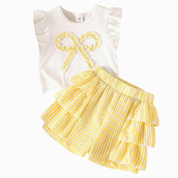 CAICJ98 Toddler Girls Clothes Summer Short Sleeve T-Shirt   Striped Skort 2pcs Bow Outfit Set for Girls (Yellow,6-7 Years)