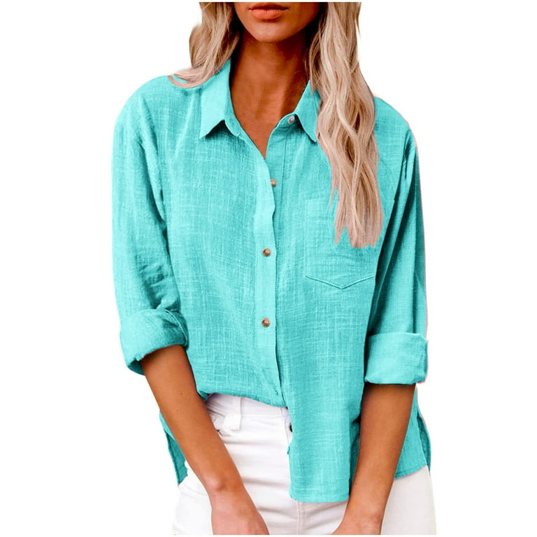 Aueoeo Womens Tops, Womens Cotton Linen Button Down Shirt 2023 Casual Long  Sleeve Solid Color Shirts Loose Work Tops with Pockets