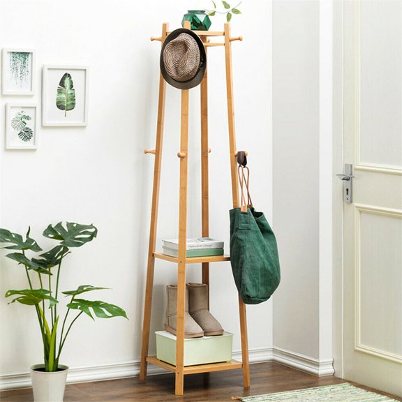 Natural Wood Bamboo Hall Tree Coat Rack w/ 2 Tier Storage Shelves Home Bedroom Clothes Hanger