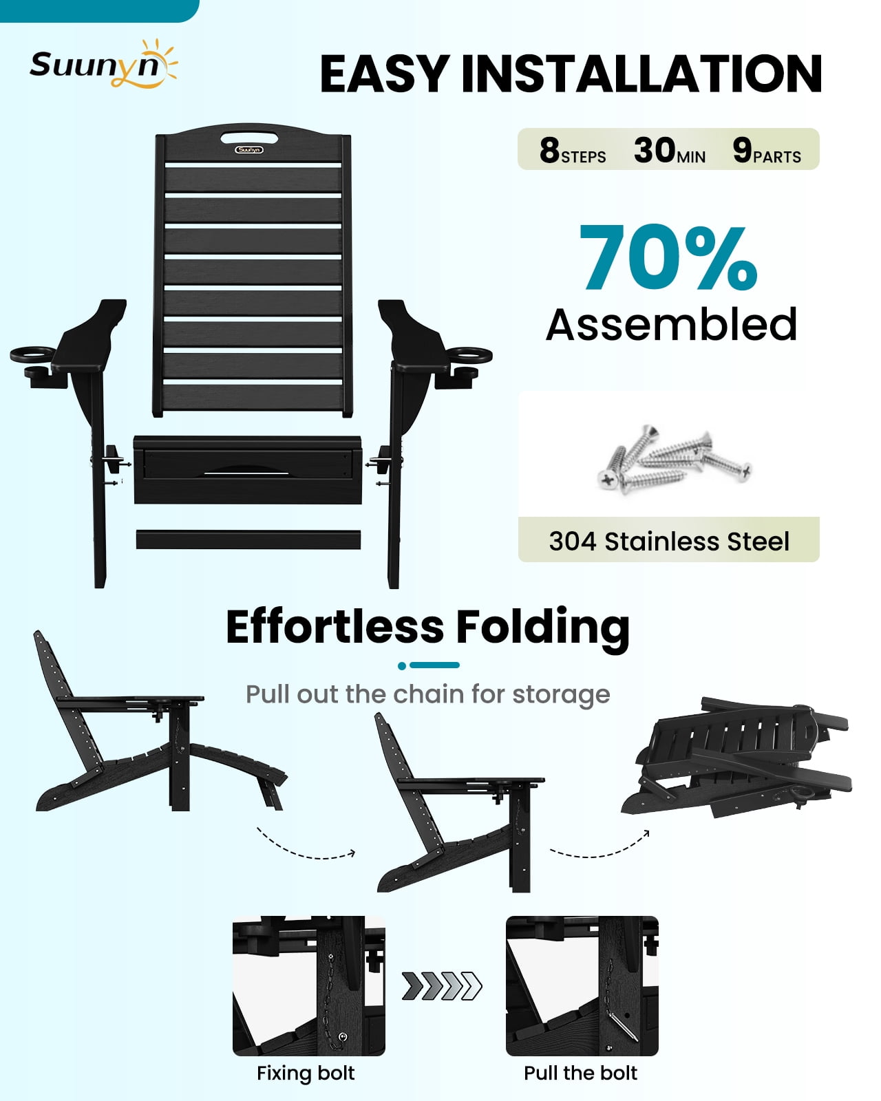 Folding Adirondack Chair with Retractable Ottoman Footrest, HDEP All Weather Fire Pit Chair with 2 Cup Holders for Outdoor, Classic Black